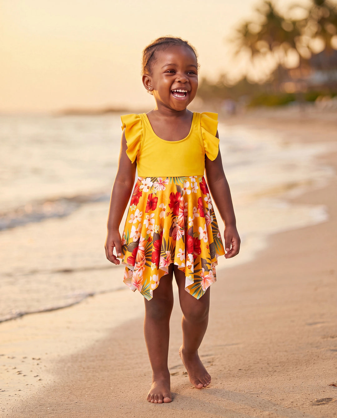 Vestido de baño floral con cordón, fruncido, malla combinada y parte inferior de triángulo para niña pequeña Amarillo