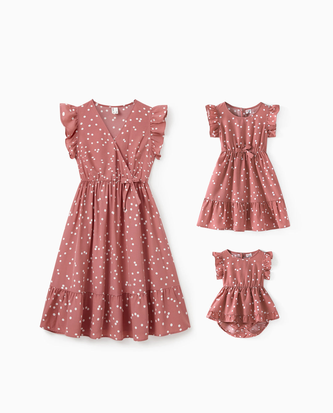 All Over Dots Pink Cross Wrap V Neck Ruffle Flutter-sleeve Dress for Mom and Me PinkyWhite
