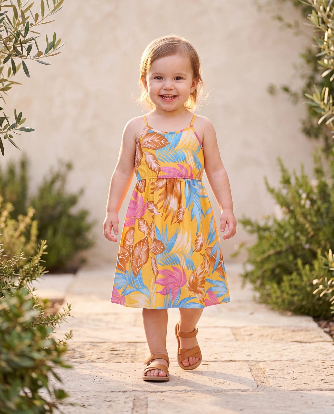 Toddler/Kid Girl Yellow Set Tropical Leaf Print Strap Dress  Yellow