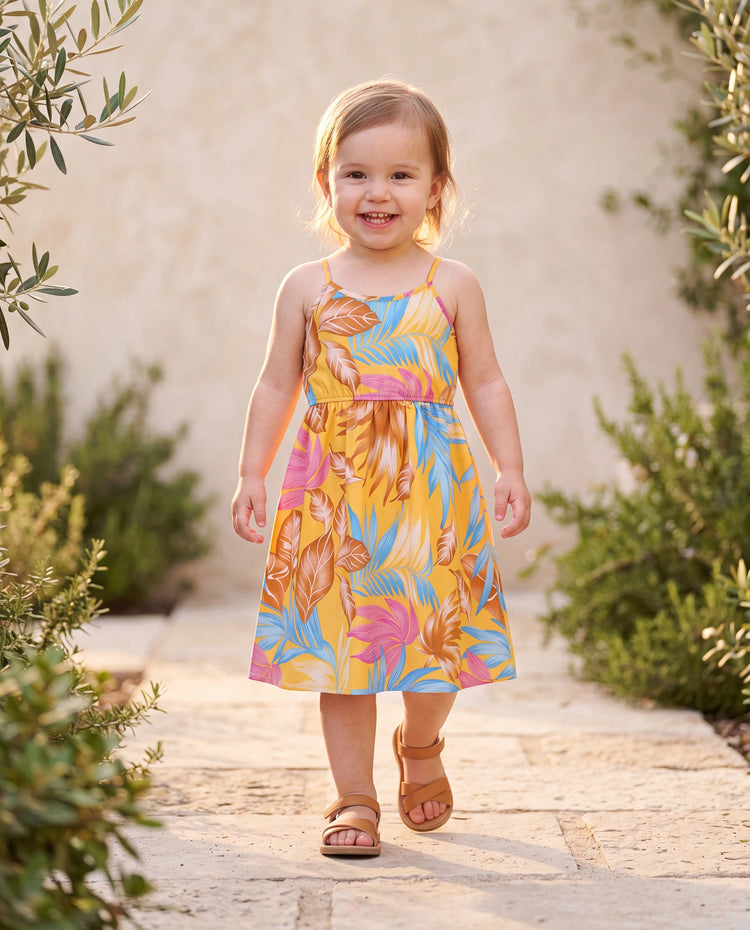 Toddler/Kid Girl Yellow Set Tropical Leaf Print Strap Dress  Yellow