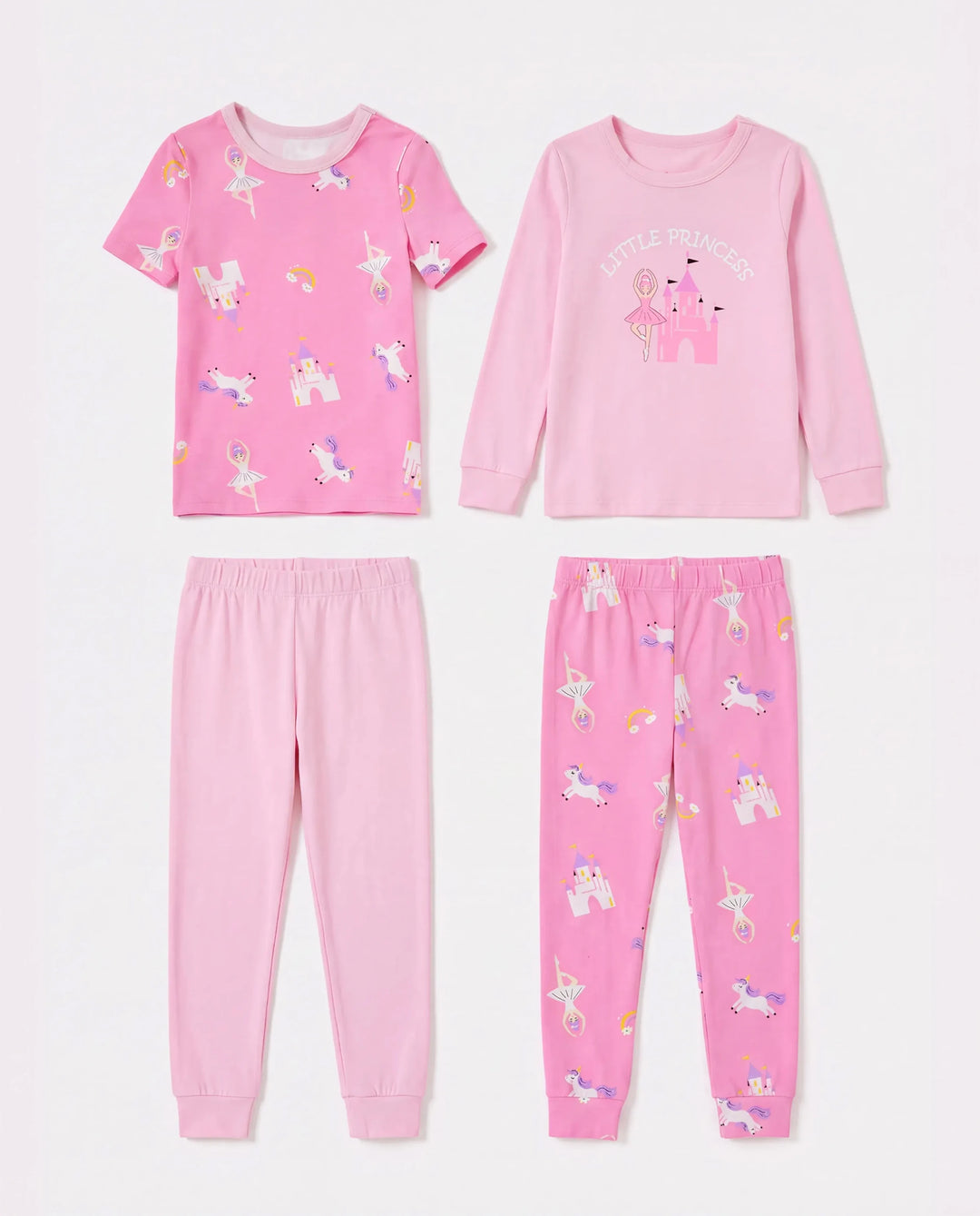 Toddler / Kids 4-piece Organic Cotton Pajamas 4-in 1 Snug fit PaJama Set for Girls Pink