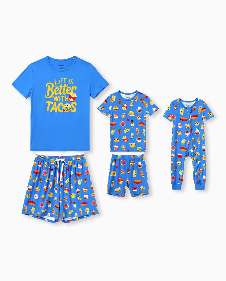 Pyjamas en bambou Maman & moi Pyjamas en bambou ultra doux pour hommes, femmes, enfants et tout-petits, motif mignon burger & frites, pyjama à manches courtes (ajusté pour enfants) Bleu royal
