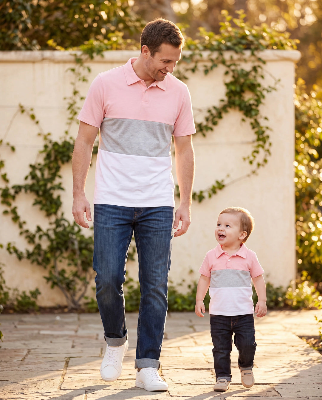 Ensembles assortis famille papa et moi robes midi sans manches à empiècement floral rose et polos manches courtes bicolores Rose