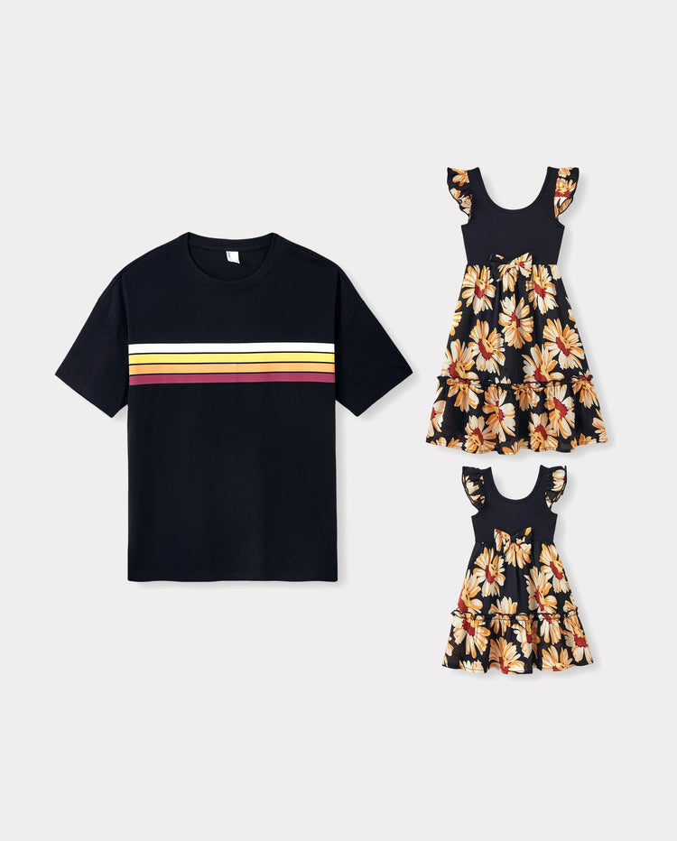 Daddy & Daughter Set Floral Sleeveless Strappy Dress or Colorblock Short-sleeve T-shirt Black