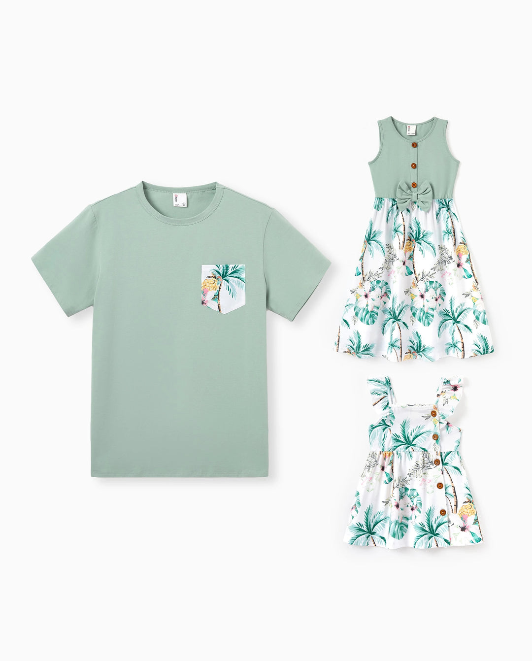 Daddy & Me Tropical Print Outfits,Daughter Tank Dress & Dad Cotton T-Shirt Set Green