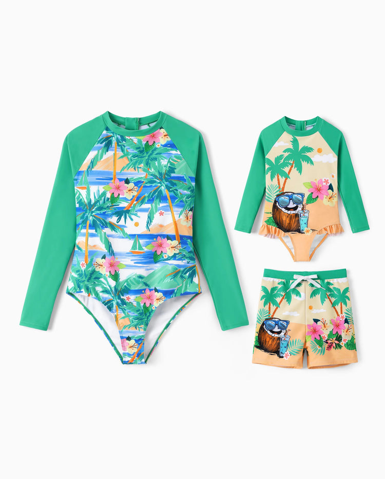 Mommy & me Tropical Palm Print Swim Trunks or Long Sleeve Rash Guard Swimsuit Turquoise