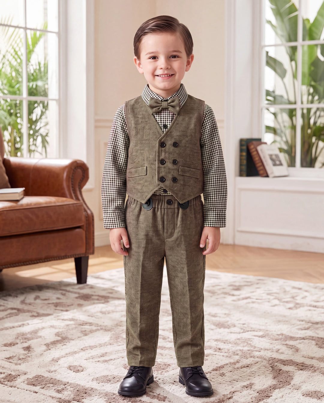 3PCS Baby Boy Elegant Grid/Houndstooth Shirt Collar Long Sleeve Set Brown