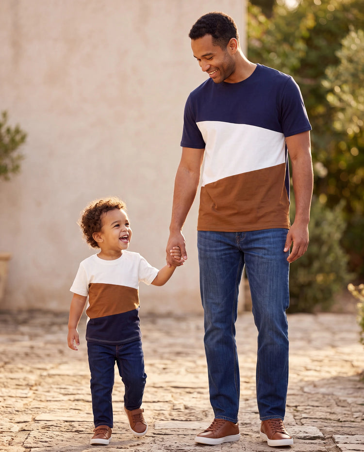 Daddy and Me Family Matching Casual Dress or T-Shirt, Solid Color, Fabric Stitching royalblue