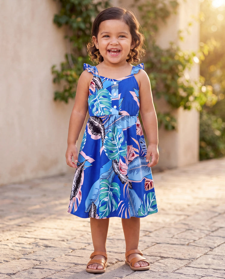 Toddler/Kid Girl Tropical Dress – Blue Floral Print, Perfect for Summer Vacations and Family Photos Blue