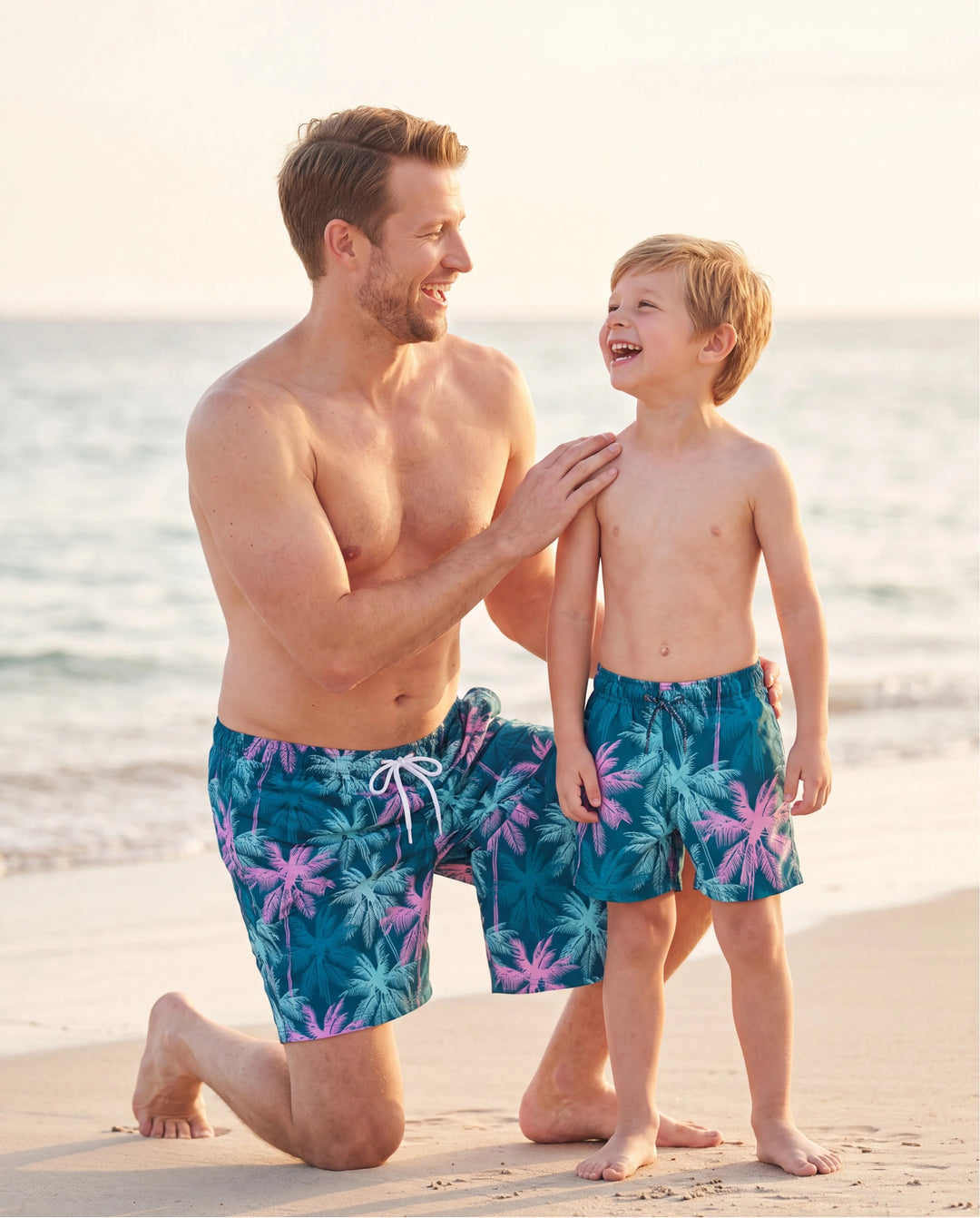 Trajes de baño para papá e hijo con estampado tropical de palmeras, conjunto de bañadores para papá e hijo, ropa de playa para vacaciones Turquesa
