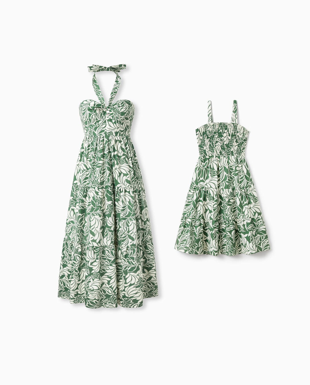 Conjunto de vestido halter con estampado de hojas para mamá y niña Verde