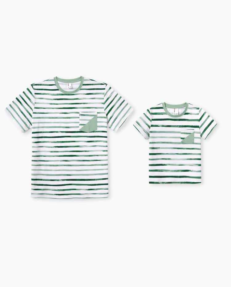 Conjunto de ropa de algodón para papá e hijo Camiseta a rayas verdes y vestido para papá, mamá, niños y bebé, perfecto para salidas familiares y fotos de verano verde