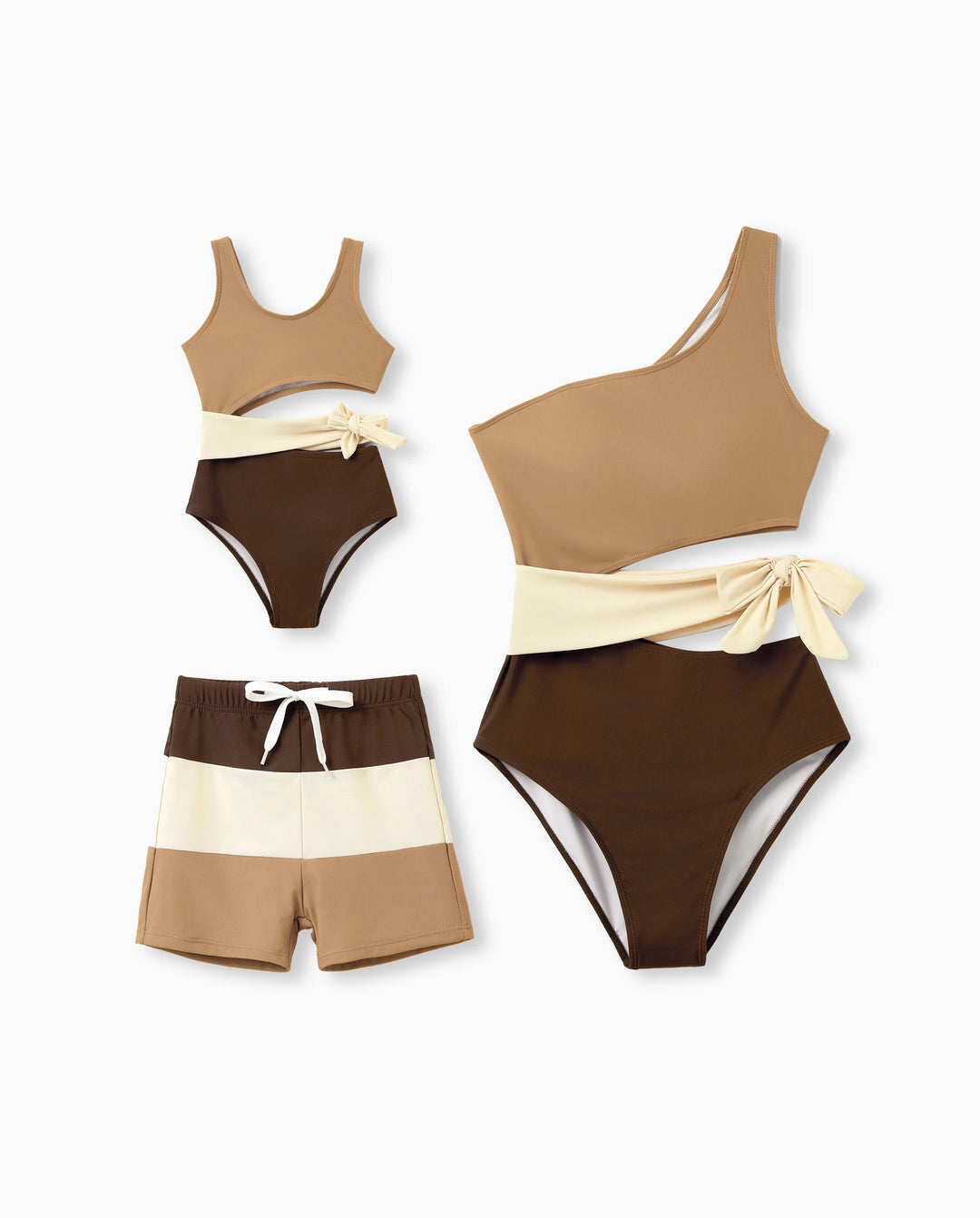 Mommy & me Color Block Swimsuits, Mommy and Me One-Shoulder Cutout Bikini Set Summer Beach Vacation Swimwear Coffee