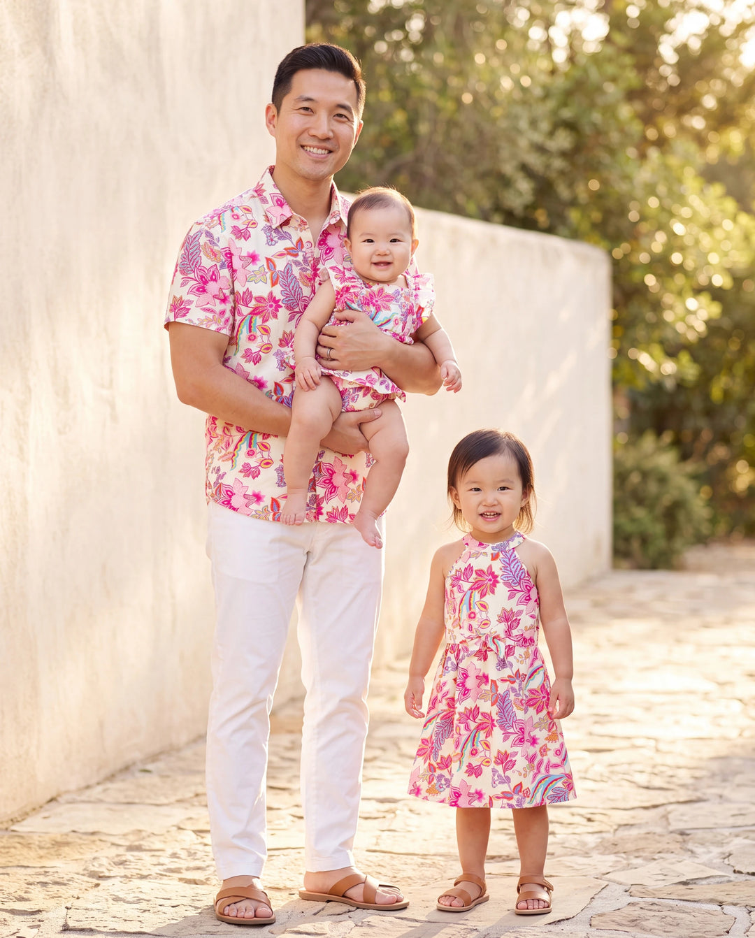 Daddy & Daughter Outfits Set Tropical Flora Print Short-sleeve Collar Shirt or Halter Belted Dress for Summer Vacation Beige
