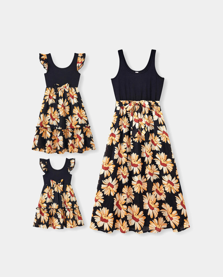 Mommy & me Set Floral Sleeveless Strappy Dress or Colorblock Short-sleeve T-shirt Black