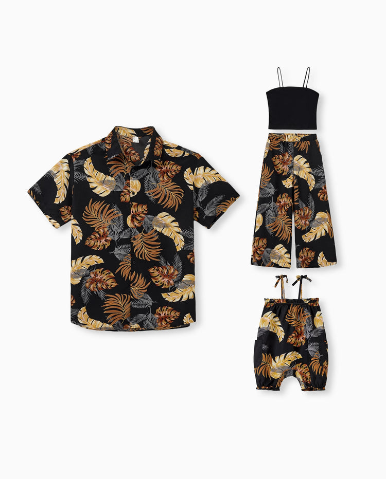 Daddy & Daughter Floral Print Beach Wear Short-sleeve Shirt or Camisole top and Wide-Leg Pants Set for Summer Vacation Family Looks Black+White