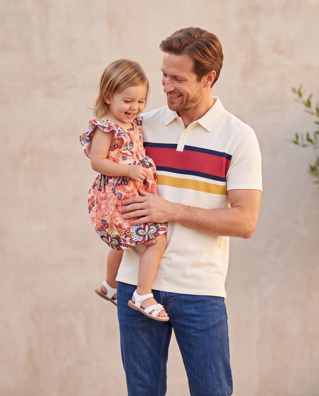 Daddy & Daughter Casual Outfit Colorblock Polo Collar T-shirt or Floral Print Flutter Sleeveless Dress Set Orange red