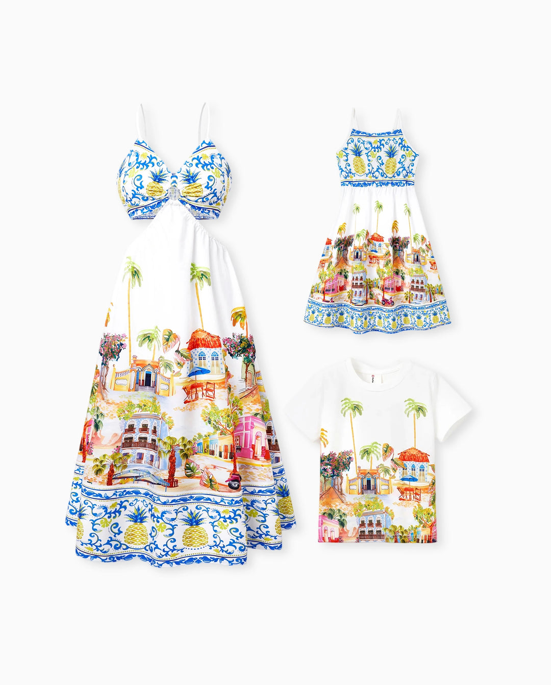 Mommy & me Vacation Set Tropical Pineapple Coconut Tree Print Short-sleeve T-shirt or Hollow out Strap Dress for Summer Vacation White