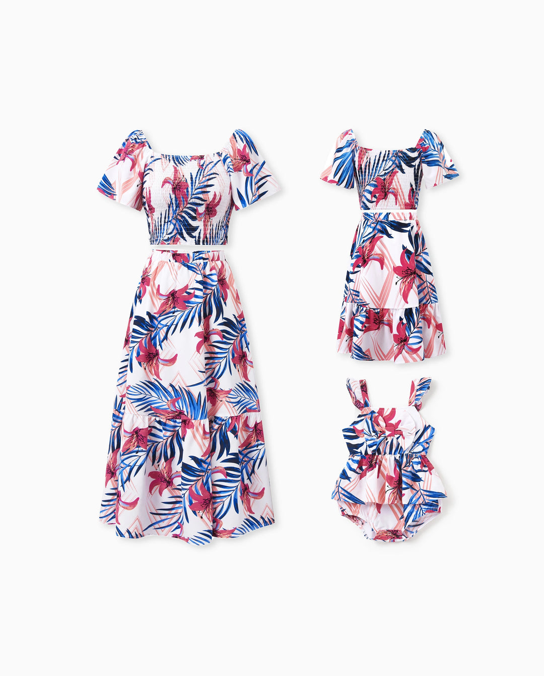 Conjuntos tropicales florales para mamá y niña con camisa de manga corta o top smock de un hombro y falda con estampado de hojas rosas y azules para vacaciones, crucero, playa Blanco