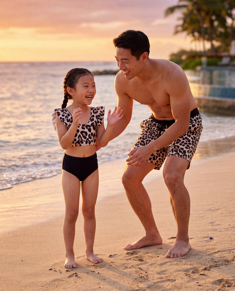 Daddy & Daughter Leopard Pattern Drawstring Swim Trunks or Ruffle Neck Two-Piece Bikini with Optional Cover Up Sarong Skirt Black