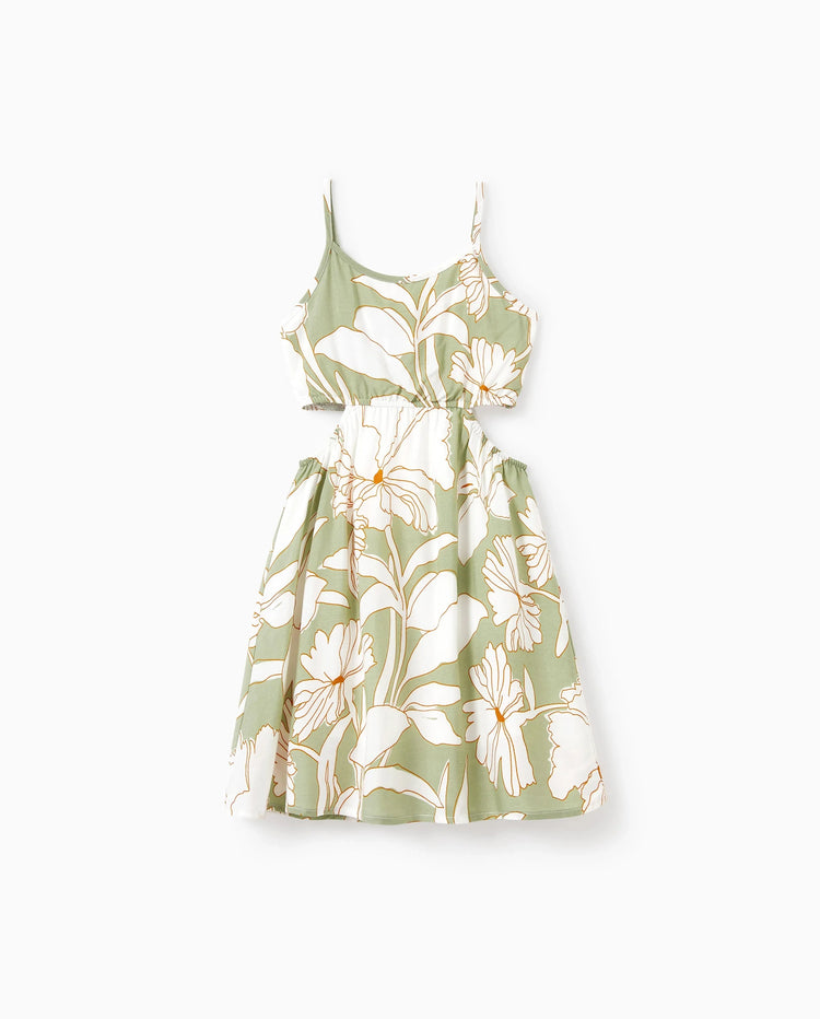 Toddler/Kid Girl Outfits Tropical Floral Print Strap Dress Pale Green
