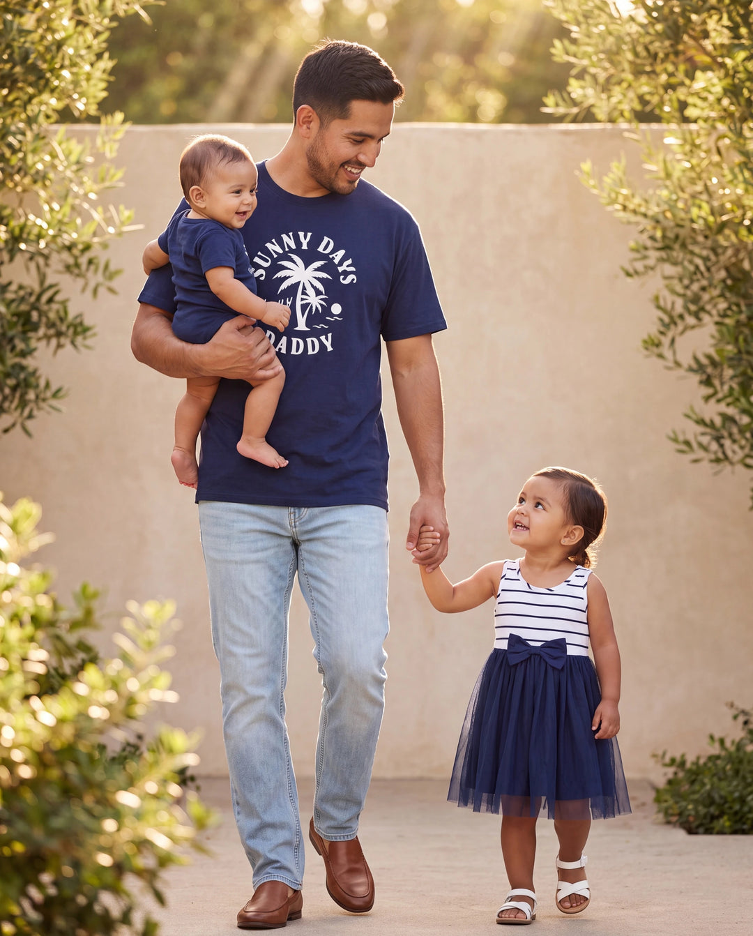 Daddy & Daughter Cotton T-Shirt & Dress Set – Sunny Days Palm Print for Dad, Mom, Baby & Toddler, Perfect for Summer Vacations & Family Outings Tibetan blue