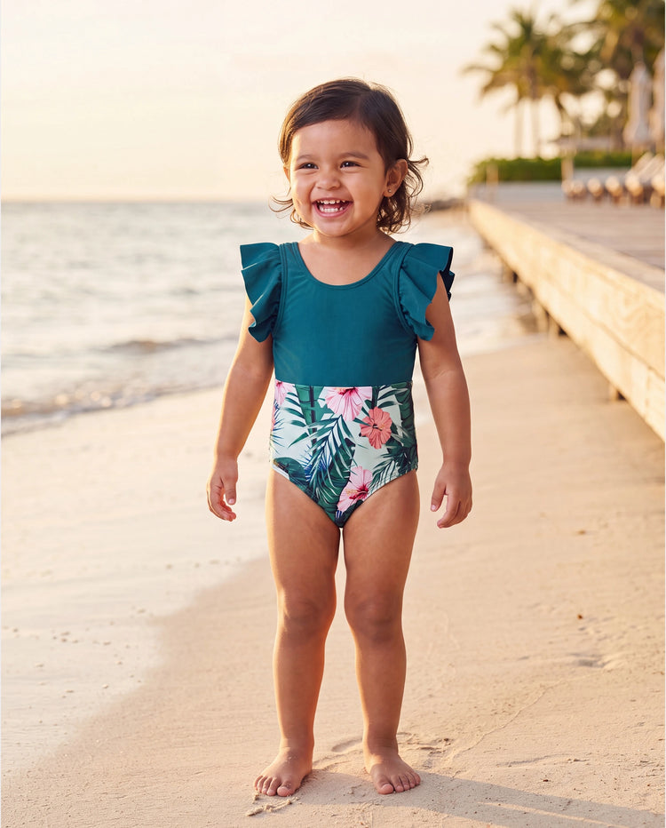 Traje de Baño o Bañador de Una Pieza para Niña Pequeña con Estampado de Plantas y Volantes Verde