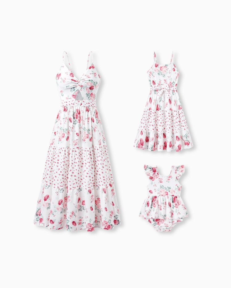 Mommy and Me Family Matching Outfits Set Solid Color Short-sleeve Polo Collar Shirt or Flower Print Hollow out Dress  Pink