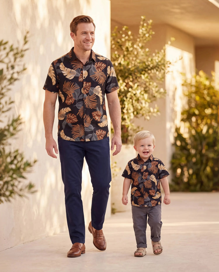 Daddy & Son Strandbekleidung mit Blumenmuster Kurzarmhemd-Set für Sommerurlaub Familienlooks Schwarz+Weiß