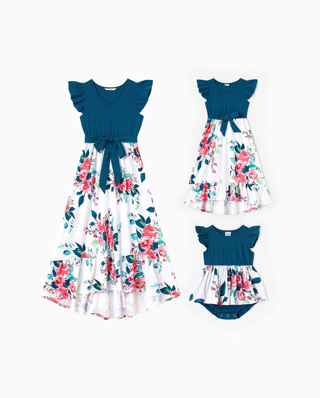 Conjuntos de vestidos para mamá y niña con escote en V sólido, mangas con volantes y combinación de estampado floral Azul celeste-