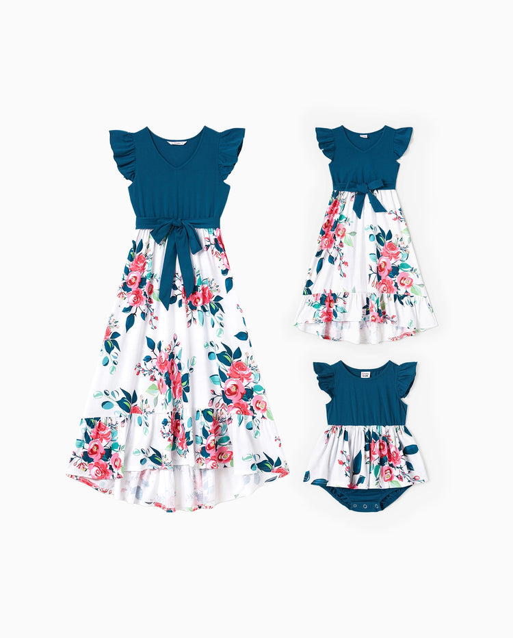 Conjuntos de vestidos para mamá y niña con escote en V sólido, mangas con volantes y combinación de estampado floral Azul celeste-