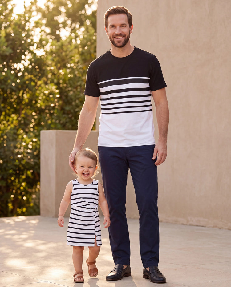 Daddy & Daughter Cotton Set Black and White Stripe T-shirt or Strap Bodycon Dress Black+White