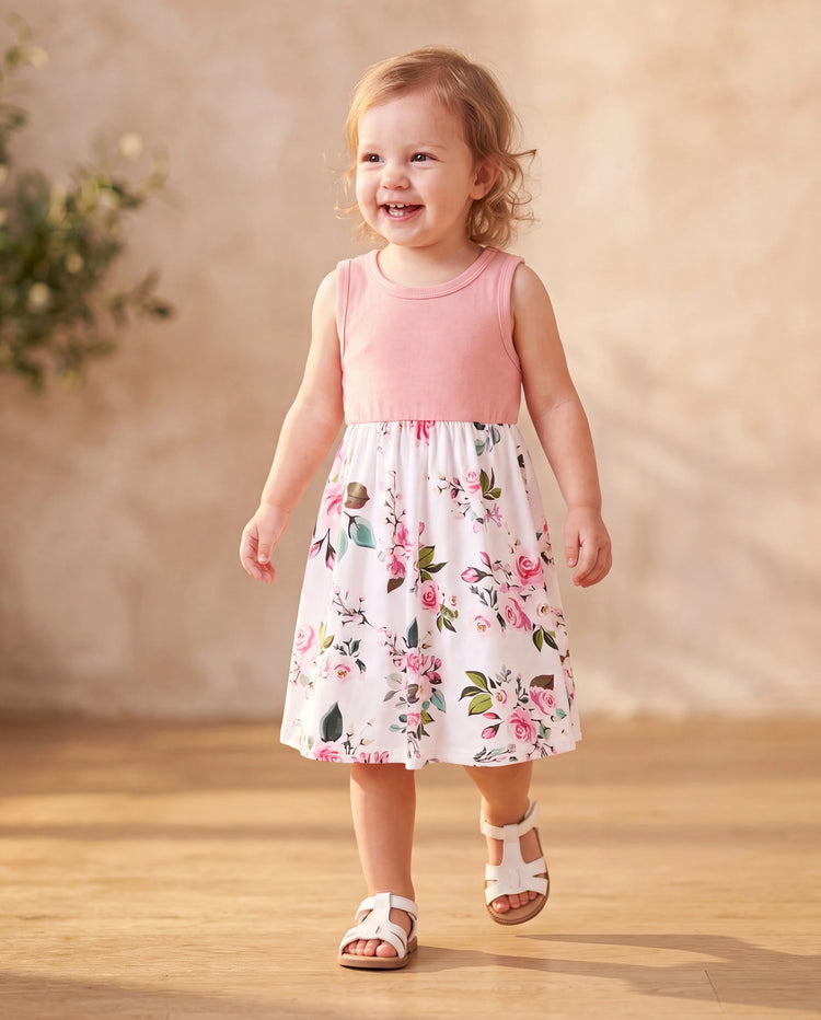 Kleinkind/Mädchen Pink Ärmelloses Zusammengesetztes Blumenprint Midikleid Pink