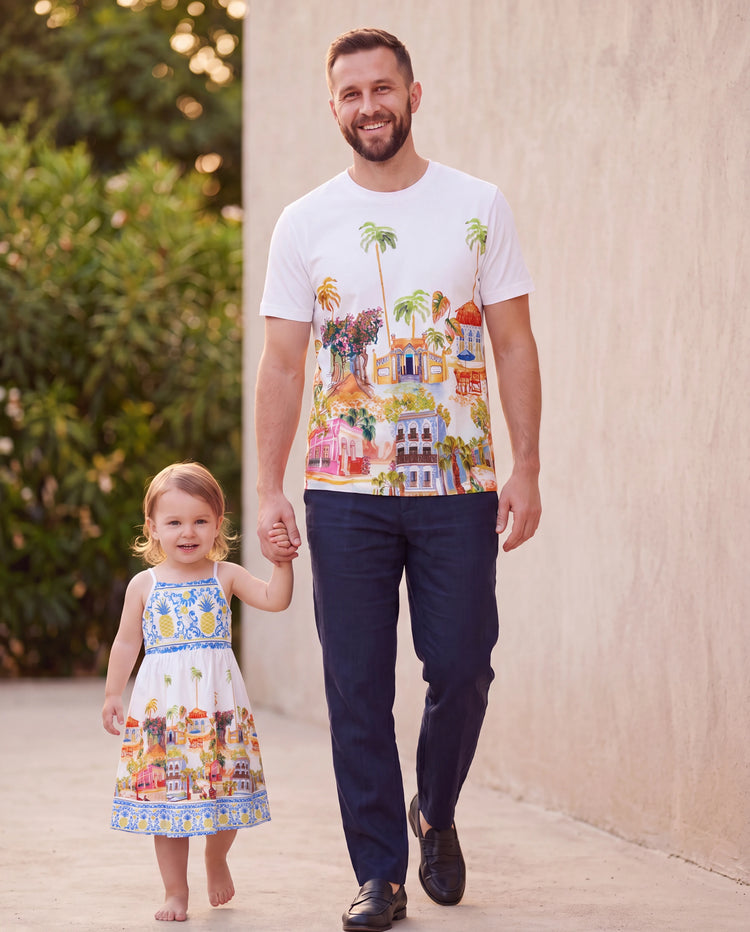 Daddy & Daughter Vacation Set Tropical Pineapple Coconut Tree Print Short-sleeve T-shirt or Hollow out Strap Dress for Summer Vacation White