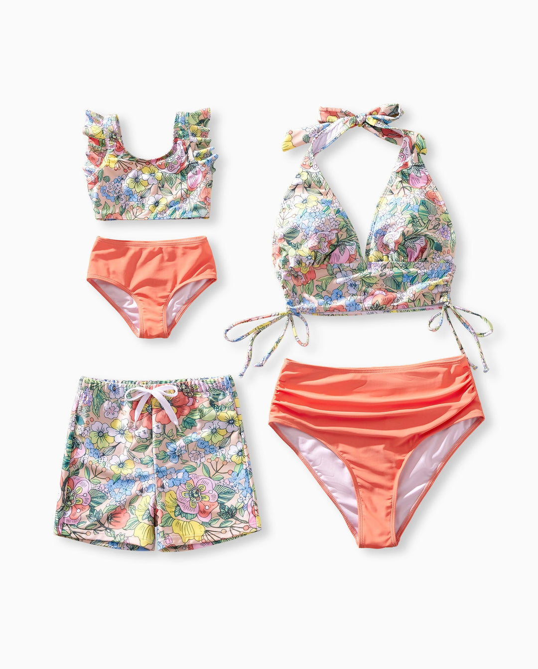 Mommy & me Floral Swimwear Bikini Set for Mom & Daughter Floral Board Shorts for Dad & Son, Cute Beach Outfits for Vacation & Pool Days Multi-color