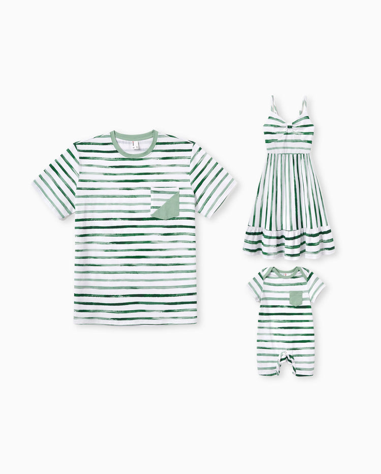 Conjunto de ropa de algodón para papá e hija Conjunto de camiseta a rayas y vestido para papá, mamá, niños y bebé, perfecto para salidas familiares y fotos de verano Verde