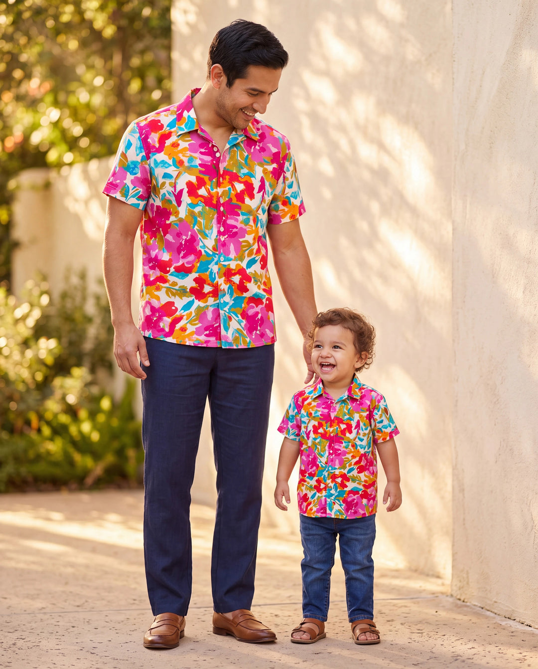 Daddy & Son Colorful Outfits Shirt Sets Summer Vacation Clothe for Beach, Photoshoots, Travel Hot Pink