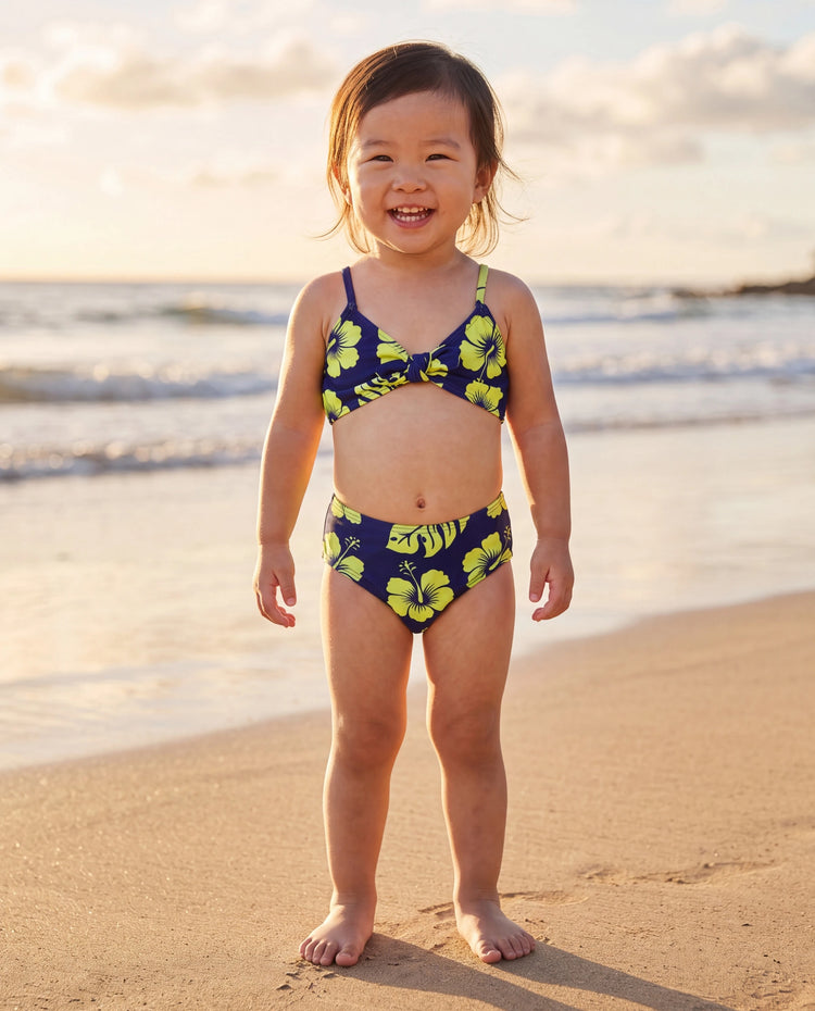 Bañadores tropicales con flores para niña pequeña Bikini halter azul profundo