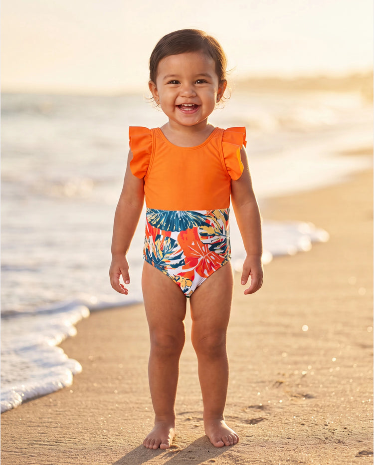 Toddler Girl Orange and All Over Tropical Plant Print Splicing Ruffle One-Piece Swimsuit Orange color