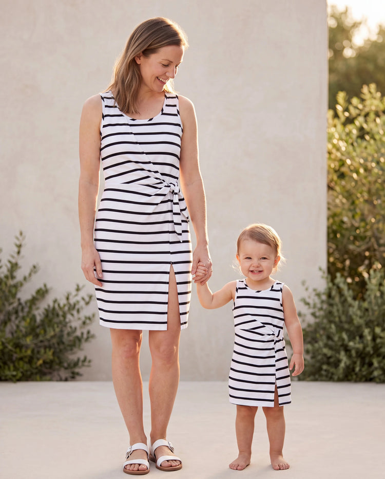 Conjunto Mamá y Yo Vestido Ajustado de Algodón con Tirantes Negro+Blanco