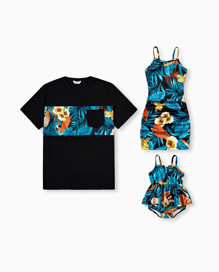 Daddy & Daughter Floral Panel T-shirt and Floral Ruched Drawstring Side Strap Dress Sets Black