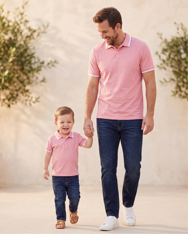 Conjunto familiar a juego para papá y yo: conjunto con camisa polo de manga corta de color sólido o vestido con estampado floral y detalles calados Rosa