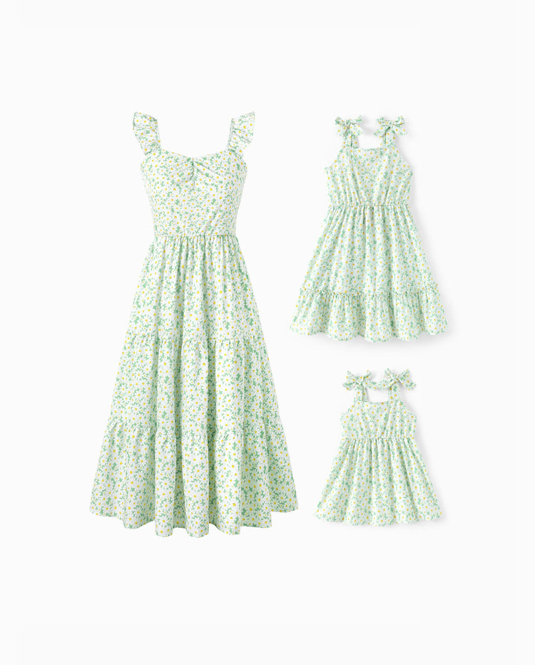 Mommy and Me Floral Dress with Flutter Sleeves Light Green Daisy Print Pale Green