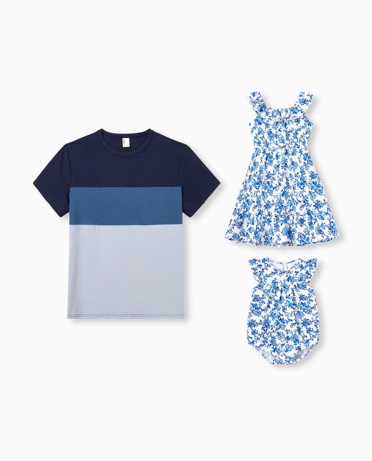 Daddy & Daughter Outfits Blue Floral Print Dress & Color Block Tee Set, Mommy Daddy and Me Summer Beach Vacation Coordinates Blue