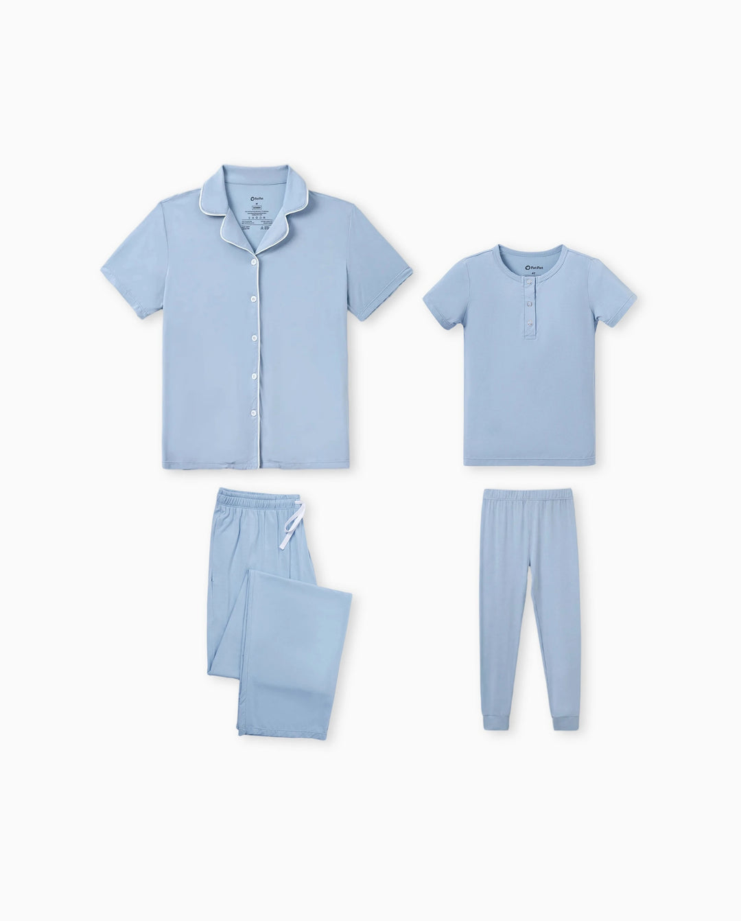 Pijamas de bambú para papá e hijo Pijamas suaves de viscosa de bambú para hombres, mujeres, niños, bebés, pijama clásico azul con camisa abotonada y pantalones azul grisáceo