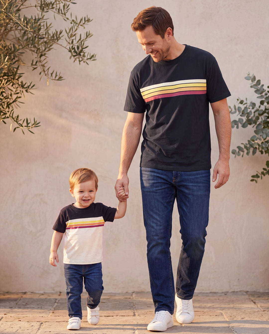 Daddy & Son Set Floral Sleeveless Strappy Dress or Colorblock Short-sleeve T-shirt Black