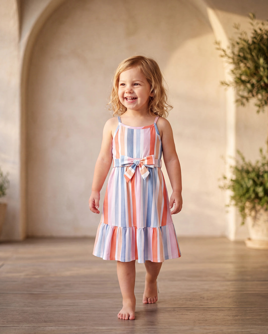 Toddler/Kid Girl Colorful Stripe Camisole Belt Dress Multi-color