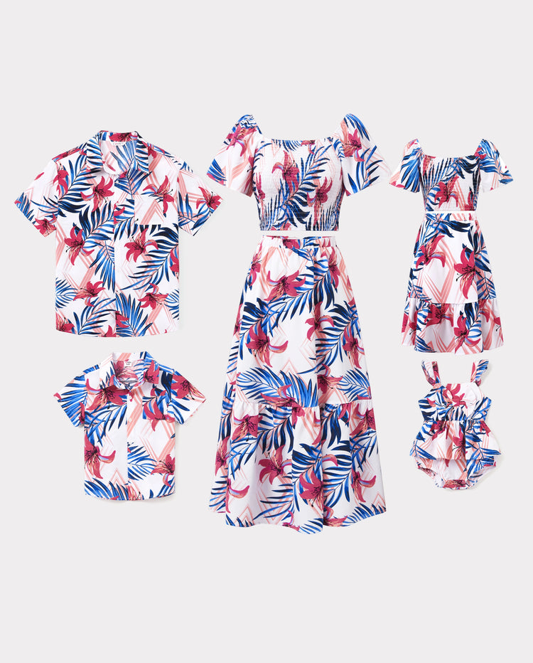 Tropische Blumen Familie Passende Outfits Rosa Blau Blattdruck Kurzarmhemd oder eine Schulter gesmoktes Oberteil und Rock Kombinationsset für Urlaub, Kreuzfahrt, Strand weiß