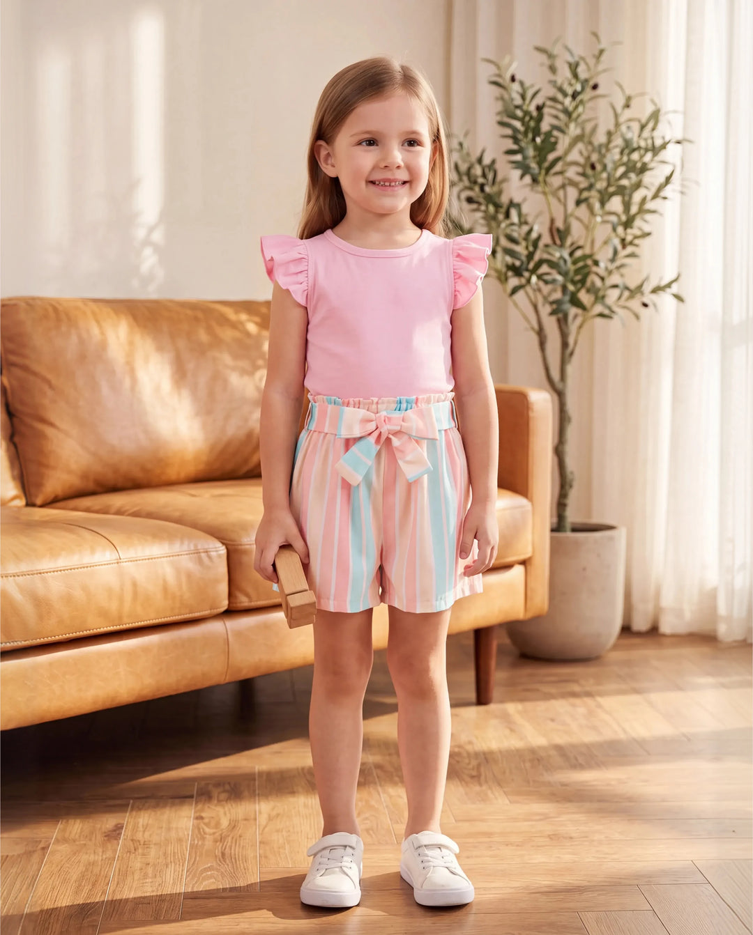 2pcs Kleinkind Mädchen Süße Flutter-Ärmel T-Shirt und Streifen Gürtel Shorts Set rosa