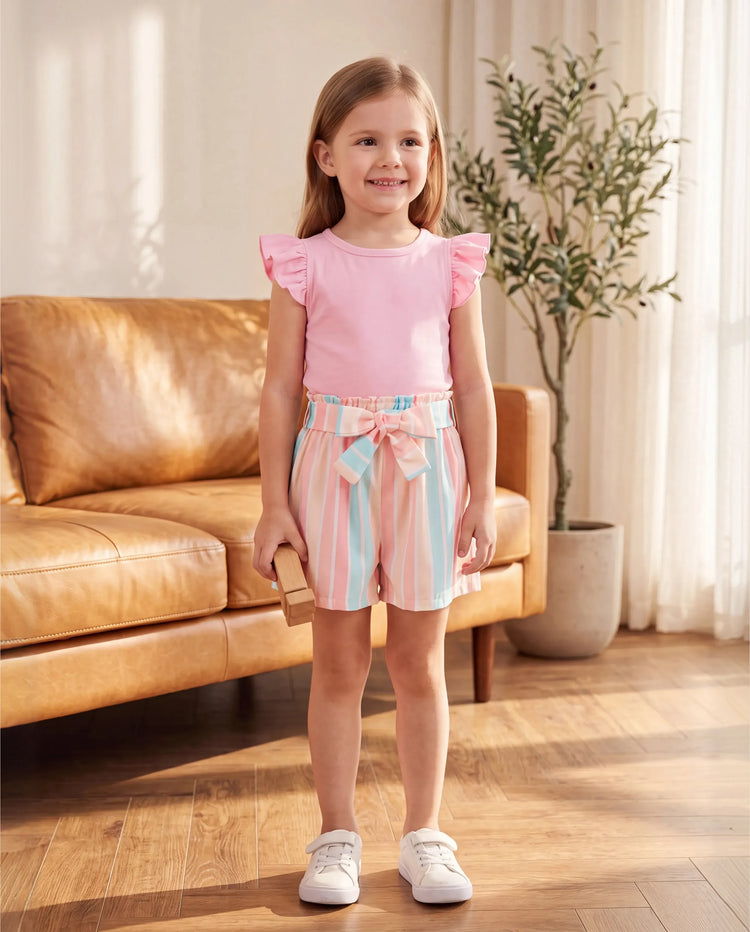 2pcs Kleinkind Mädchen Süße Flutter-Ärmel T-Shirt und Streifen Gürtel Shorts Set rosa